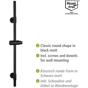 Wenko Duschstange Basic Schwarz, aus Edelstahl, mit verstellbarem Brausehalter.