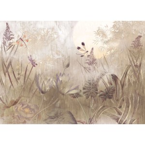 Komar Fototapete Dragonfly Pond Beige, 350x250cm: Beige Tapete mit Libellen, Seerosen und Teich.