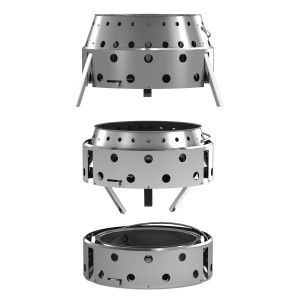 Petromax Atago Holzkohlegrill aus Edelstahl, in verschiedenen Aufbaustufen dargestellt.