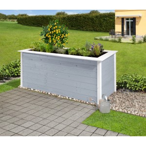 Grau-weißes Weka Hochbeet Herba aus Holz (81x205x80cm) mit Bepflanzung im Garten.