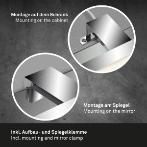 Montagevarianten der Briloner LED Spiegelleuchte (Chrom): Montage auf Schrank und Spiegel.