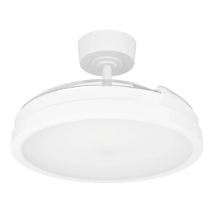 Weißer Eglo LED-Deckenventilator Malpica mit eingezogenen Flügeln, wirkt wie eine runde Deckenleuchte.