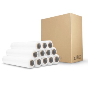 12 Rollen weiße DeTec. Stretchfolie für Versand und Verpackung neben einem Karton.
