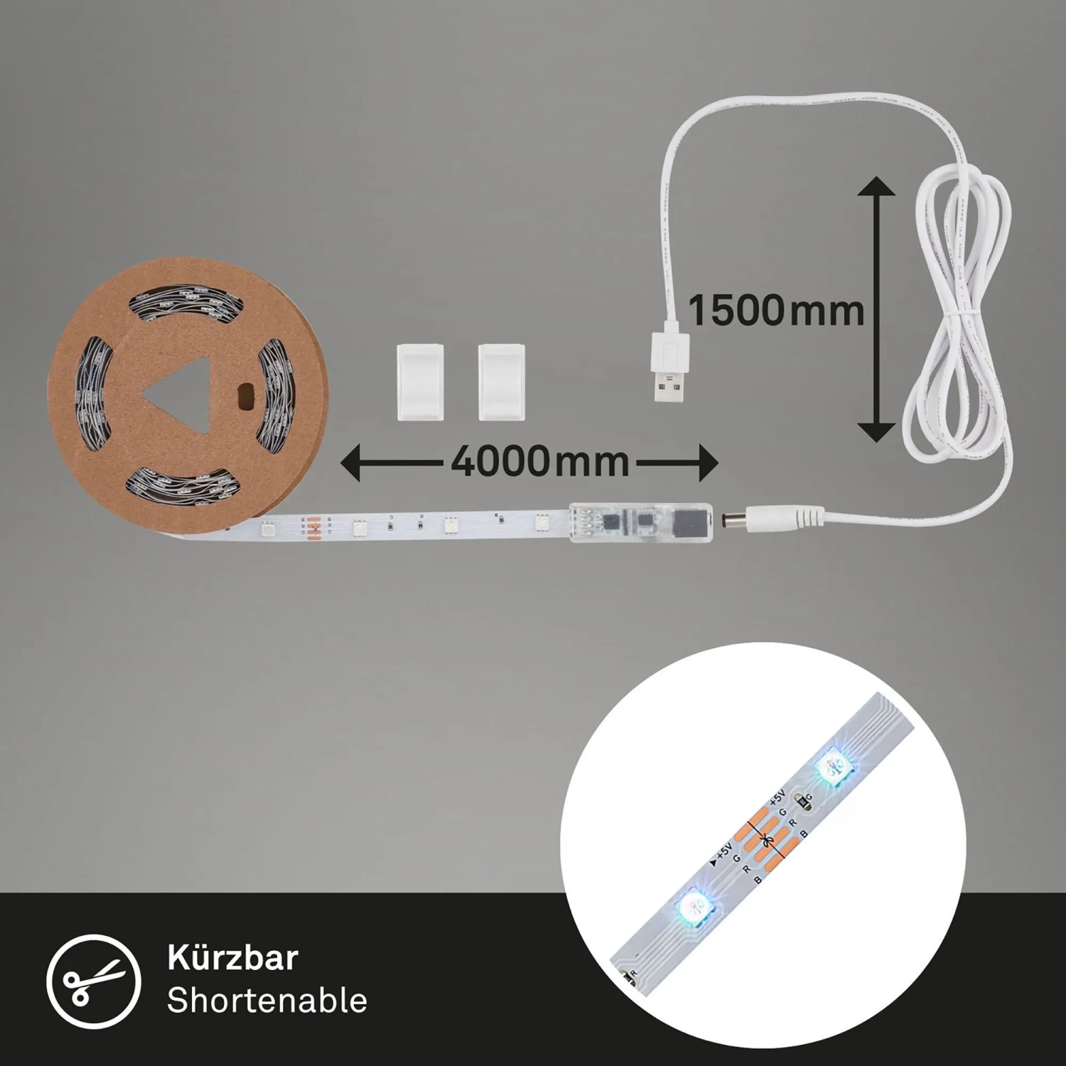 Brilo LED-Strip RGB 4m mit USB-Anschluss, dimmbar und mit Fernbedienung für Farbwechsel.