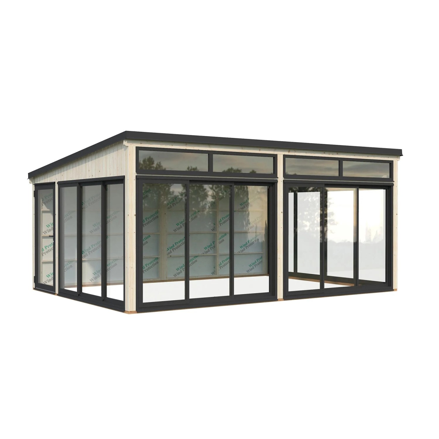 Palmako Holz-Gartenhaus mit Pultdach, unbehandelt, 582x420 cm. Modernes Design mit großen Fensterflächen.