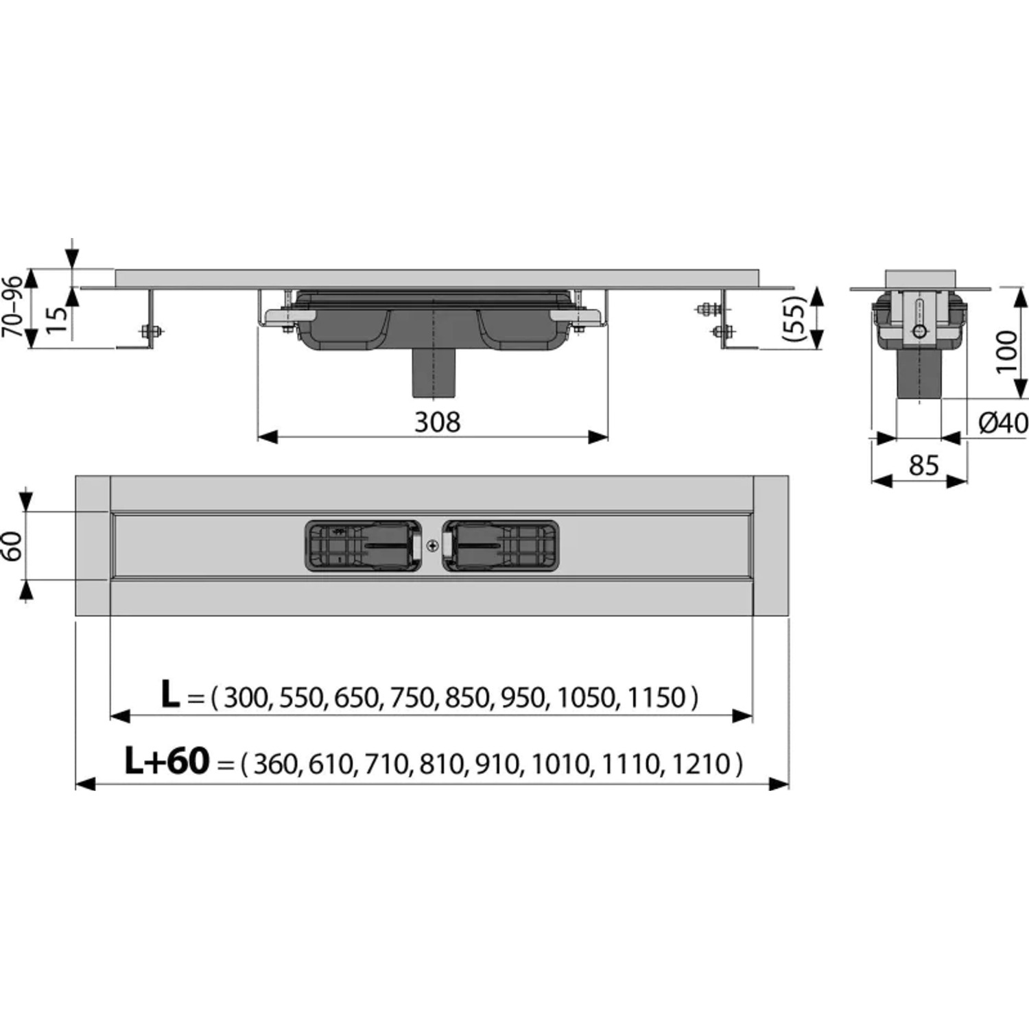 Alcadrain APZ1101 Low Duschrinne mit Rand für perforierten Rost, senkrechter Abfluss 550 mm_2
