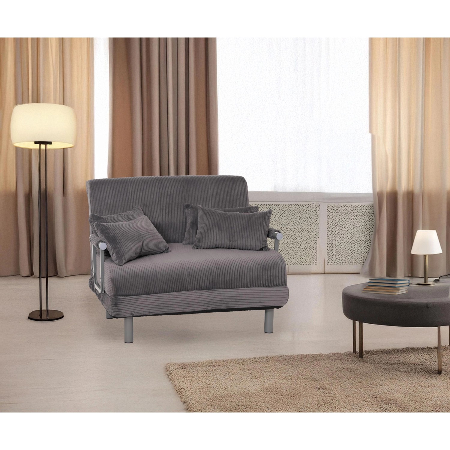 Dunkelgrauer MCW Schlafsessel K29 aus Cordstoff mit Kissen und Schlaffunktion.