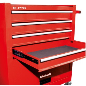 Roter Einhell Werkstattwagen TC-TW 100 mit geöffneter Schublade und vier Schubladen.