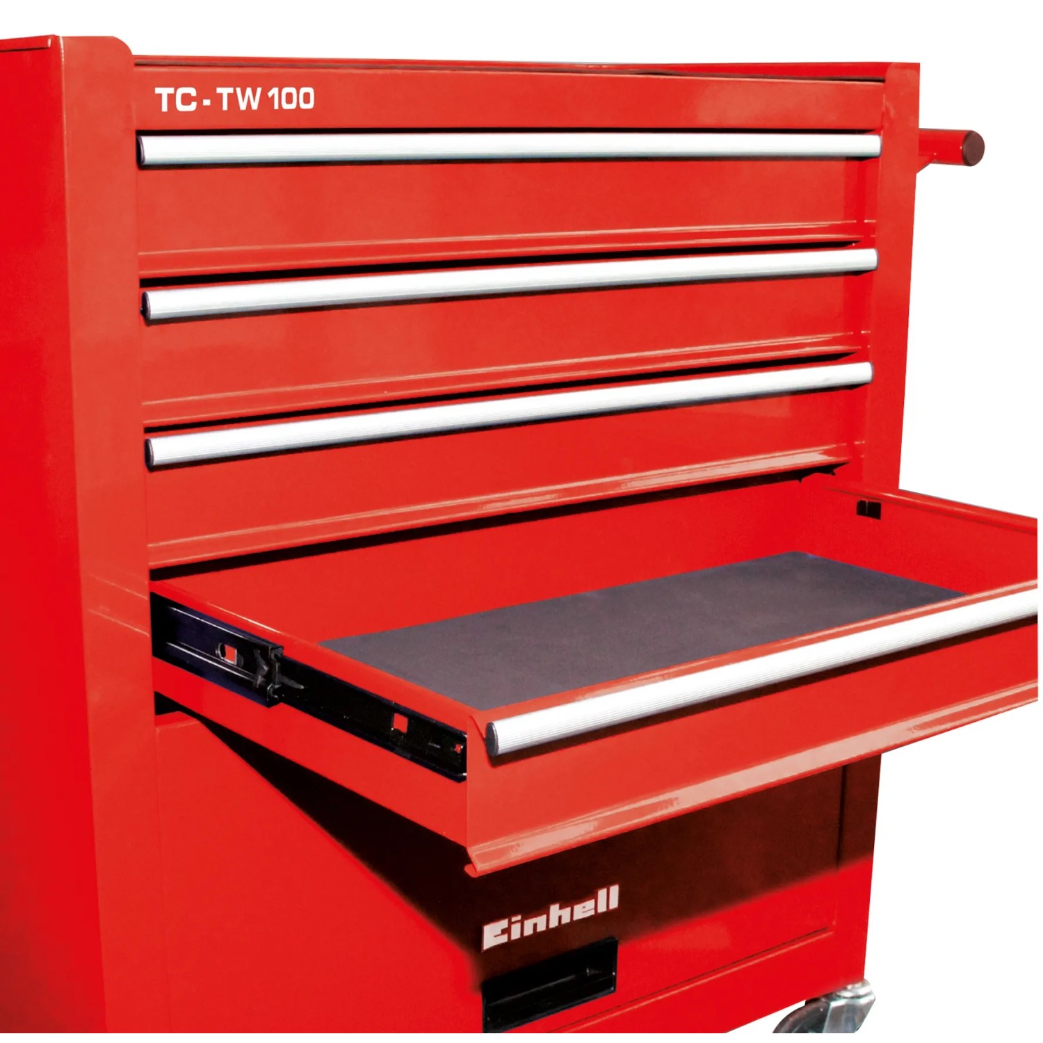 Roter Einhell Werkstattwagen TC-TW 100 mit geöffneter Schublade und vier Schubladen.