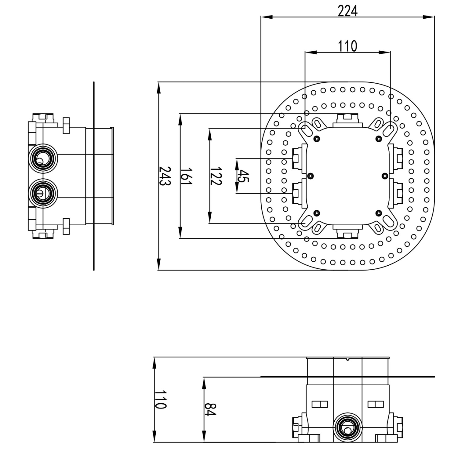 Technische Zeichnung PaulGurkes Duschsystem Thermostat mit Maßangaben für die Installation.