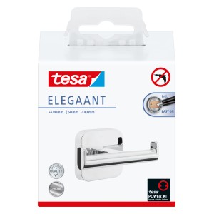 Tesa Elegaant Doppelhaken Chrom, Handtuchhalter zur Wandmontage ohne Bohren.