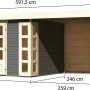 Karibu Holz-Gartenhaus Sölve, terragrau, mit Flachdach und Anbau. Abmessungen sind auf dem Bild dargestellt.
