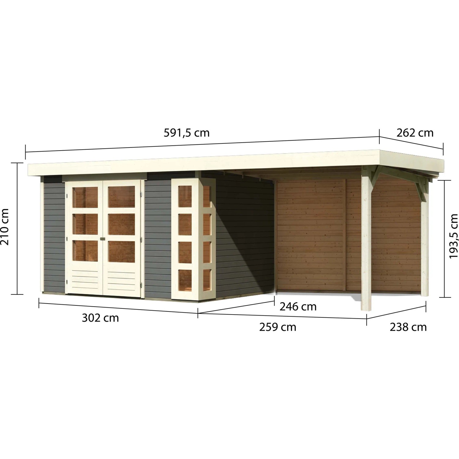Karibu Holz-Gartenhaus Sölve, terragrau, mit Flachdach und Anbau. Abmessungen sind auf dem Bild dargestellt.