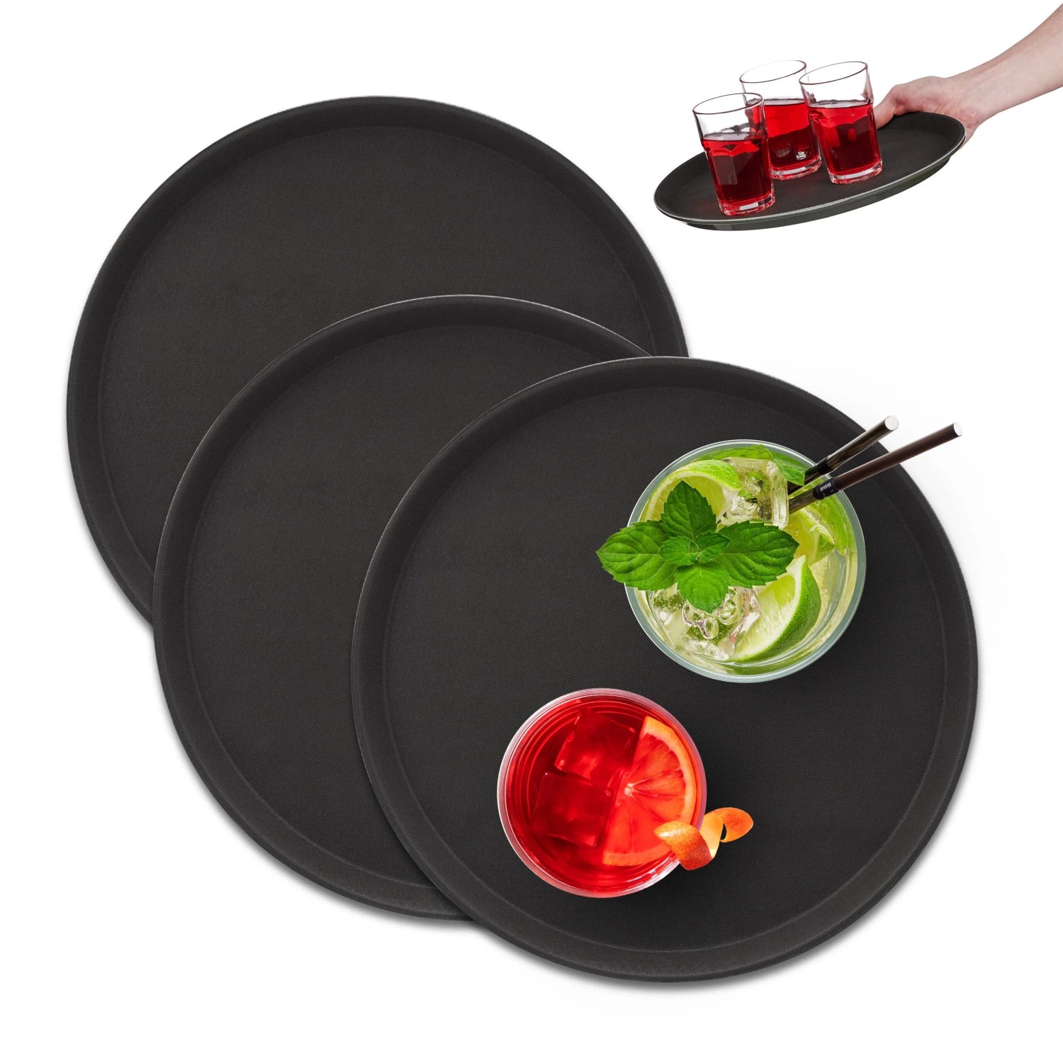 Relaxdays Serviertablett Kunststoff Schwarz Rutschfest 3er Set ø 35 cm 490 g