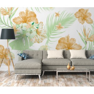 Fototapete mit Palmen, Blumen in Gelb, Grün und Weiß (3,50 m x 2,55 m)