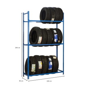 Blaues PROREGAL Reifenregal Metal Shark mit 3 Ebenen und Reifen. Ideal für Garage und Werkstatt.