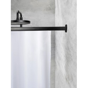 Schwarze Schöner Wohnen Winkelschiene Jete mit Duschvorhang und Regendusche.