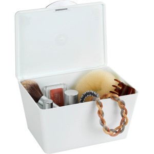 Weiße Wenko Badbox Brasil mit Deckel, gefüllt mit Bad- und Kosmetikartikeln.
