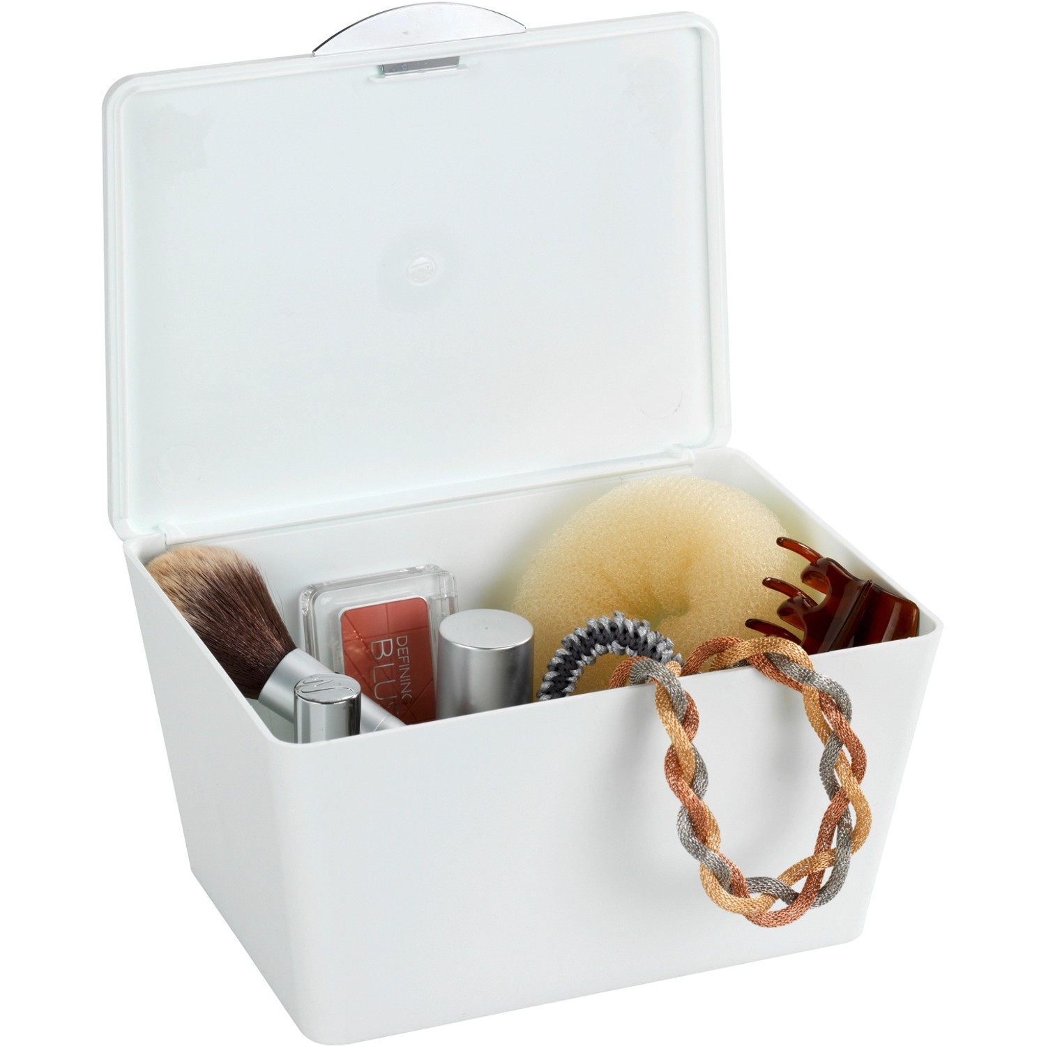 Weiße Wenko Badbox Brasil mit Deckel, gefüllt mit Bad- und Kosmetikartikeln.