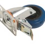 Transport-Lenkrolle mit blauem Elastikrad, Feststeller und verzinktem Stahlgehäuse. Tragkraft 150 kg.