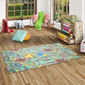 Bunter Snapstyle Kinderteppich 80x160cm mit Straßenmuster im Kinderzimmer.