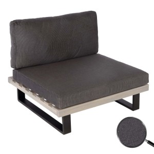 MCW Lounge-Sessel H54: Dunkelgraue Spun Poly Polster, helles Akazienholzgestell, schwarze Aluminiumfüße. Ideal für Garten.