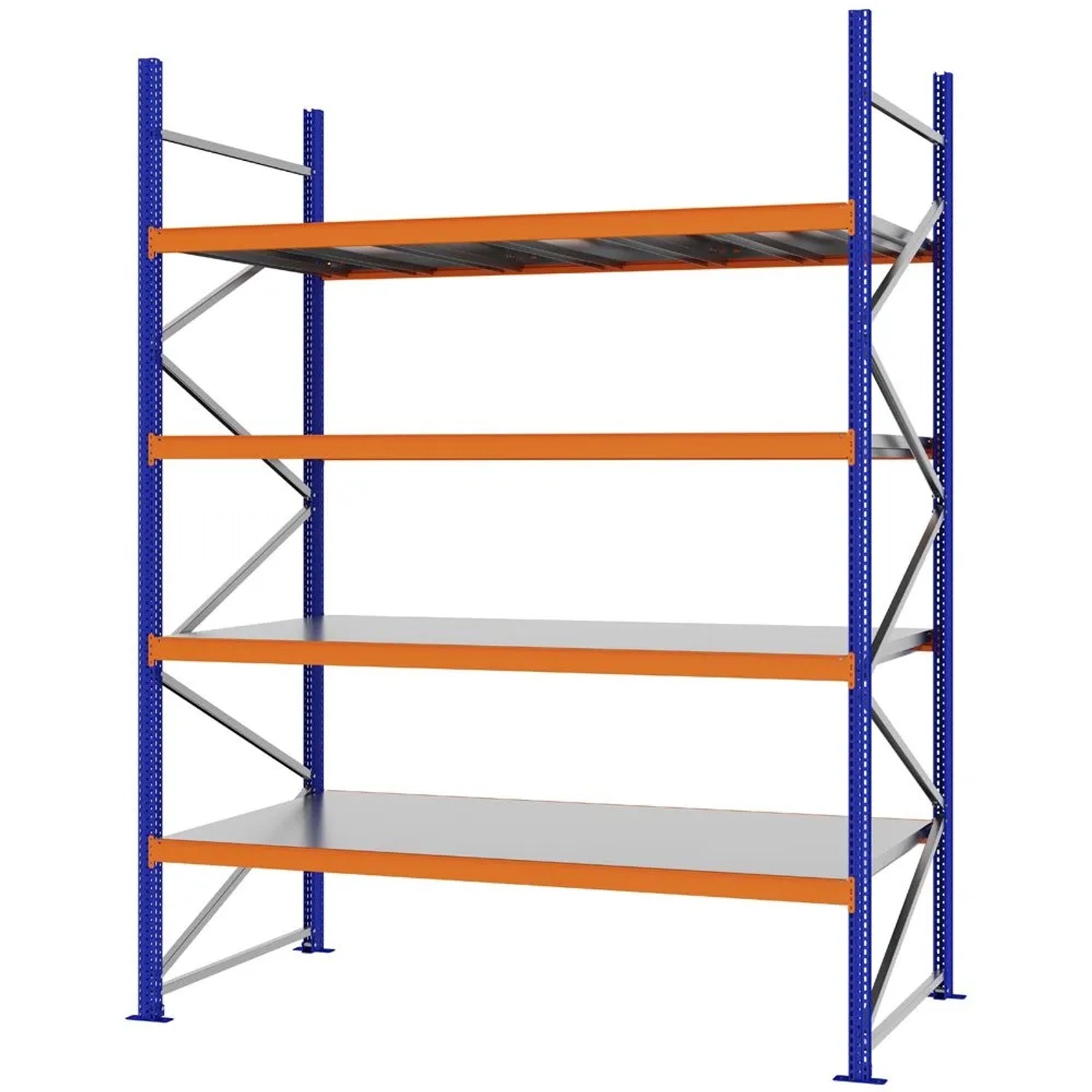 PROREGAL Weitspannregal Schraub-Stecksystem MAGNUS PRO Made In Germany Grundregal 300x225x100cm 4 Ebenen Stahlböden Fachlast 520kg Blau/Orange