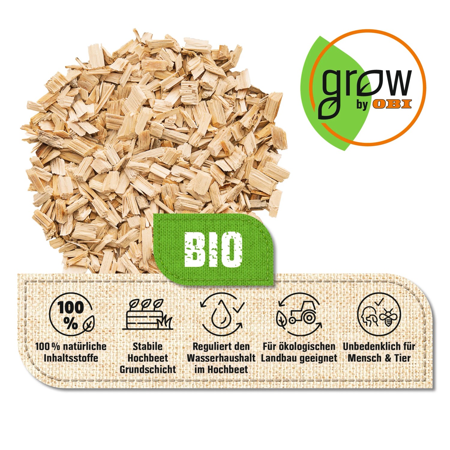 Naturbelassene GROW by OBI Holzhäcksel, geeignet als Dekormulch und für Hochbeete.