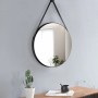 Runder DSK Designspiegel Black Vince, Ø 60 cm, mit schwarzem Rahmen und Lederband.