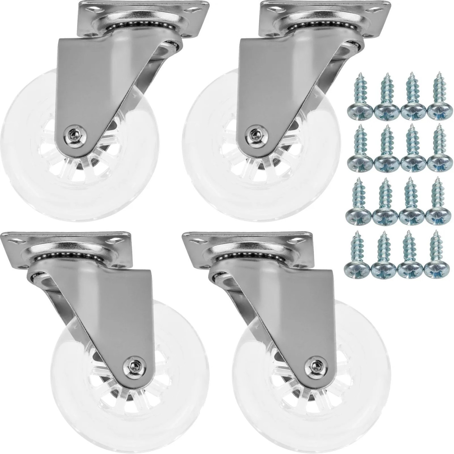SOTECH 4 Stück Möbelrolle SWIFT Transparent Ø75 mm Ohne Feststeller inkl. Schraubenset