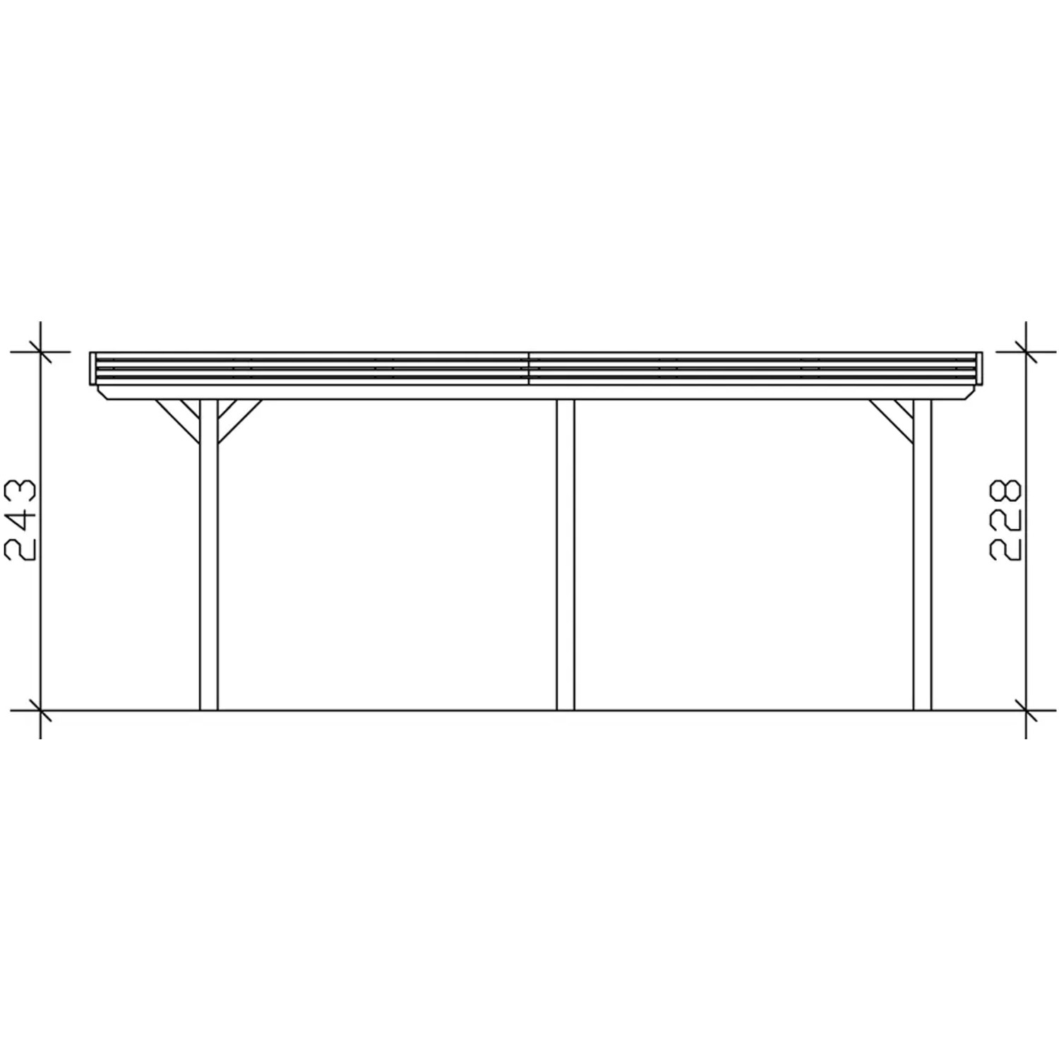 Technische Zeichnung: Skan Holz Carport Spessart, 355x604 cm, Schiefergrau. Seitenansicht mit Höhenangaben.