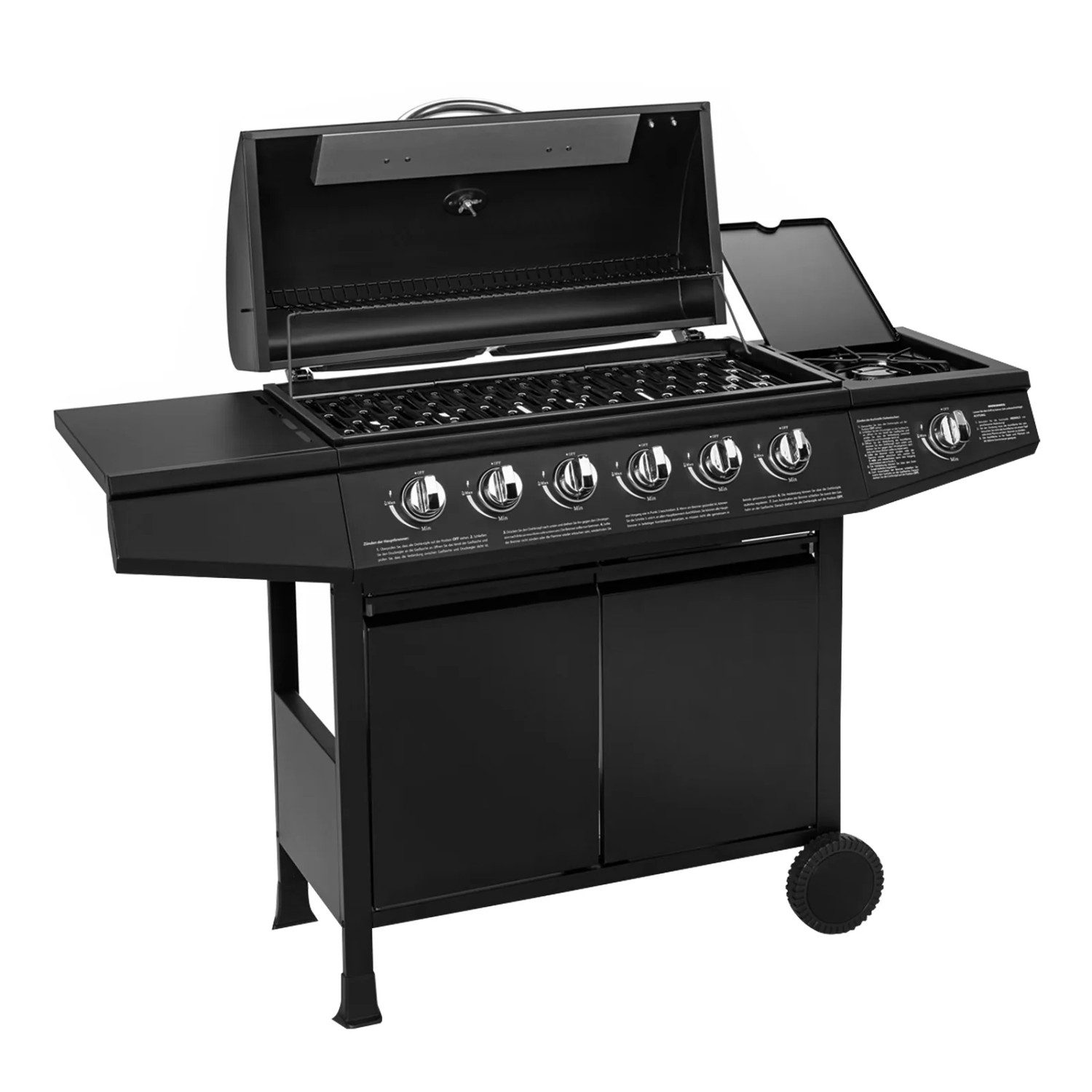 Schwarzer Taino Basic 6+1 Gasgrill mit Seitenkocher und Edelstahlbrennern.