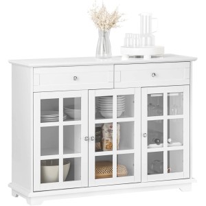 Weißes SoBuy Sideboard FSB77-W mit Glastüren und Schubladen, ideal als Küchenschrank oder Buffet.