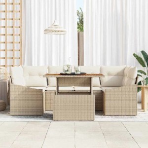 Beige vidaXL Garten Essgruppe mit Kissen, modulare Rattan Loungegruppe mit Tisch und Stauraum.