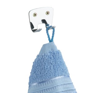Wenko Doppel-Wandhaken Basic aus Edelstahl mit blauem Handtuch.