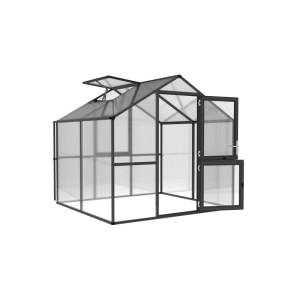 KGT Gewächshaus Rose Anthrazitgrau mit geöffnetem Dachfenster und Tür. Ideal für Garten & Pflanzenzucht.