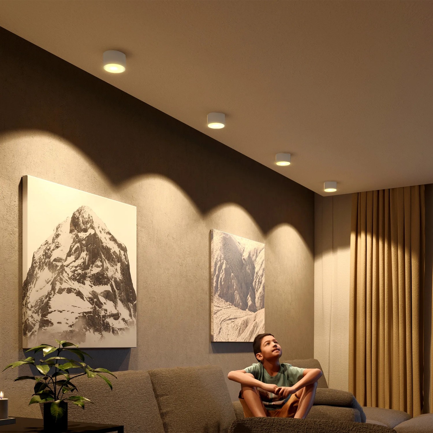 4er Set weiße LED Aufbauspots für Deckenmontage mit warmweißem Licht im Wohnzimmer.