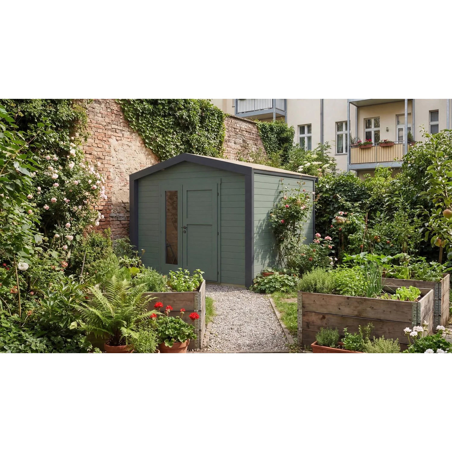 Weka Holz-Gartenhaus Killarney Satteldach Grau-Grün Lasiert 311 cm x 313 cm
