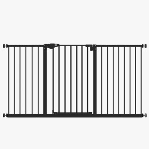 Schwarzes PawHut Türschutzgitter mit Verlängerungen für Hunde und Haustiere.