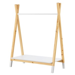Juskys Kinder Kleiderständer Heidy aus Holz mit Ablage in Weiß und Natur.