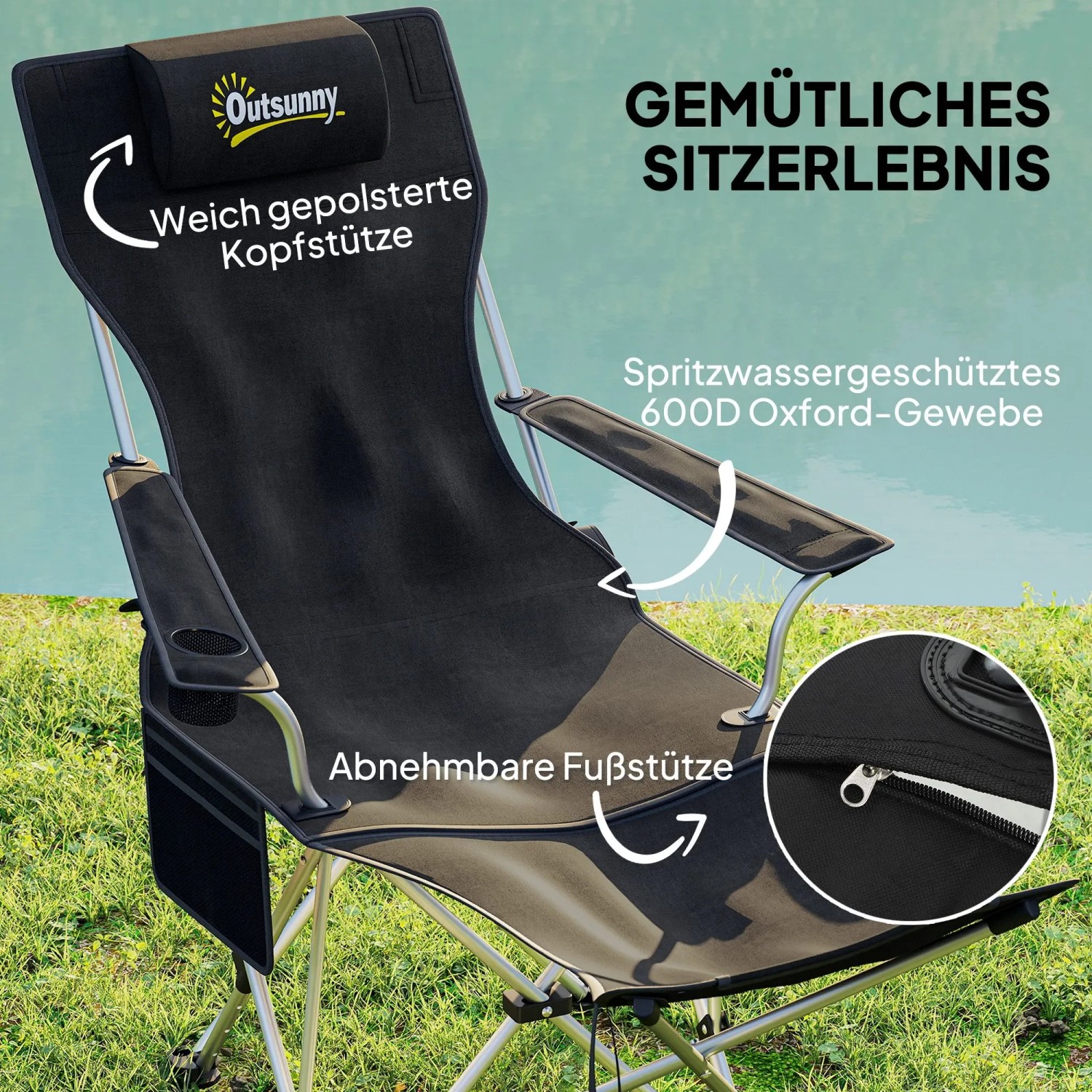 Outsunny Campingstuhl Metall Oxfordstoff Schwarz 82L x 100B x 88H cm_4
