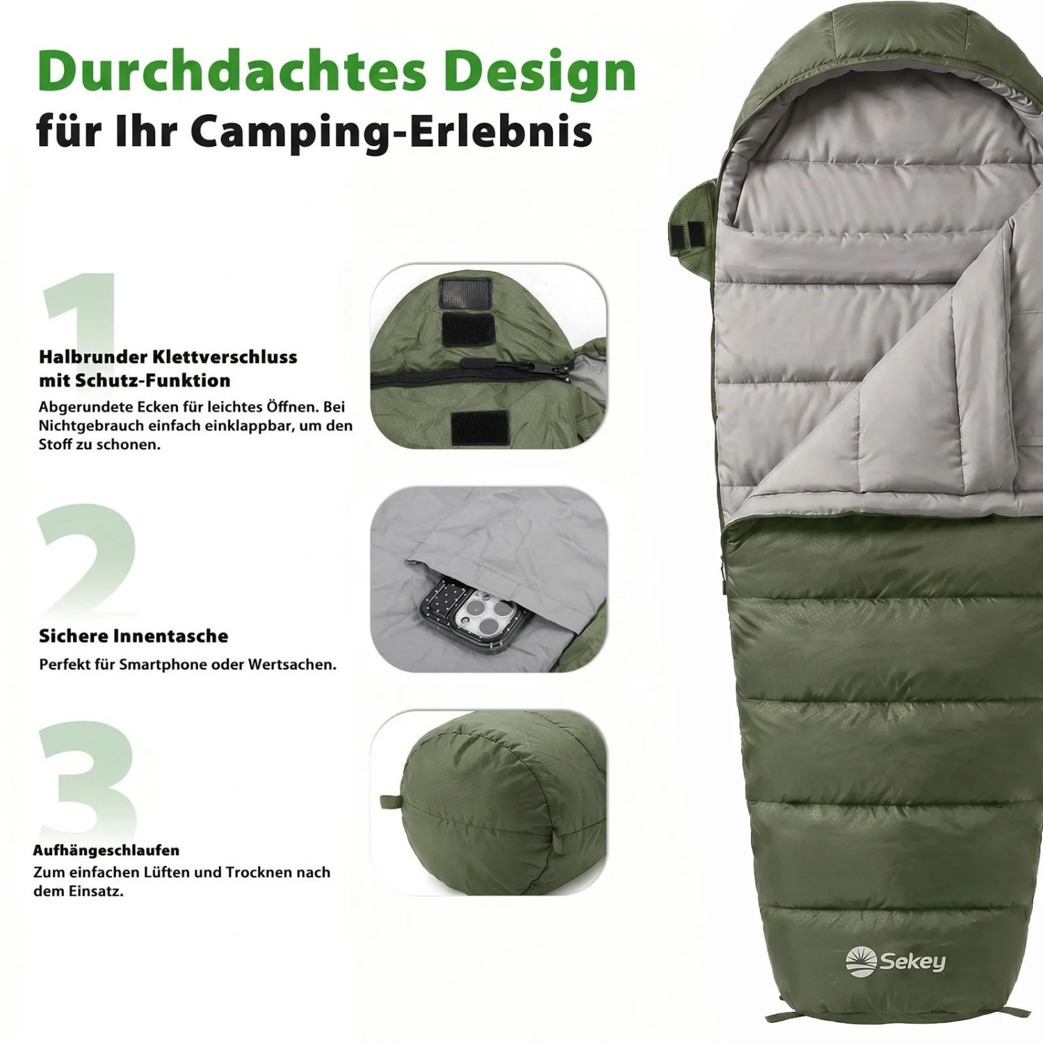 Grüner Sekey Mumienschlafsack, 220x80x50cm, ideal zum Camping. Details: Klettverschluss, Innentasche, Schlaufen.