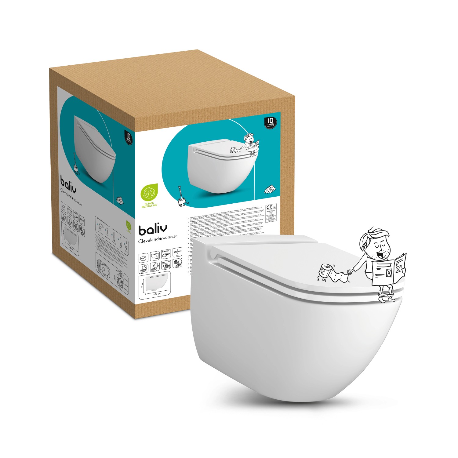 baliv Wand WC-Set Cleveland, spülrandloses Tiefspüler WC in Weiß mit Verpackung.