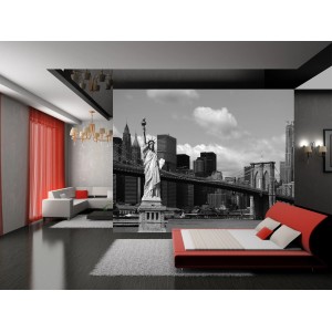 Sanders Fototapete New York grau, 360x270cm, mit Freiheitsstatue und Skyline im Wohnraum.