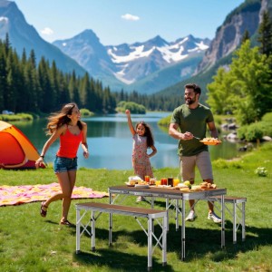 Wiltec Koffertisch Mit 2 Bänken Holzdesign Aluminium Campingtisch Klapptisch