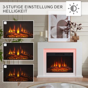 Weißer BALDERIA Elektrokamin mit 3D-Flammeneffekt und einstellbarer Helligkeit.