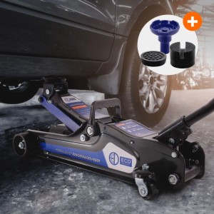 ECD Germany Hydraulischer Wagenheber 2,5T, schwarz-blau, mit Gummiauflagen unter Auto.