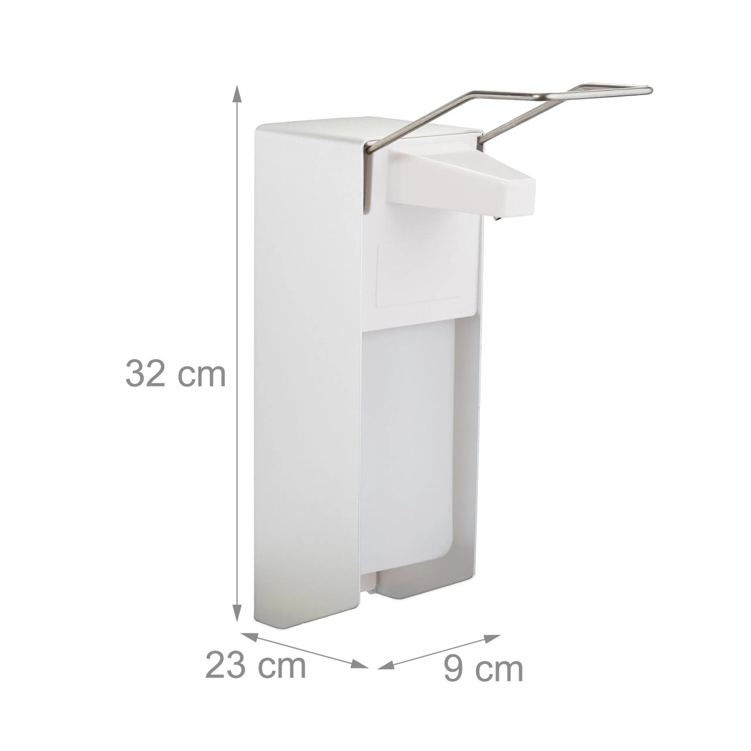 Weißer Desinfektionsspender mit silbernem Armhebel zur Wandmontage, 1000ml Volumen, 32x9x23 cm.