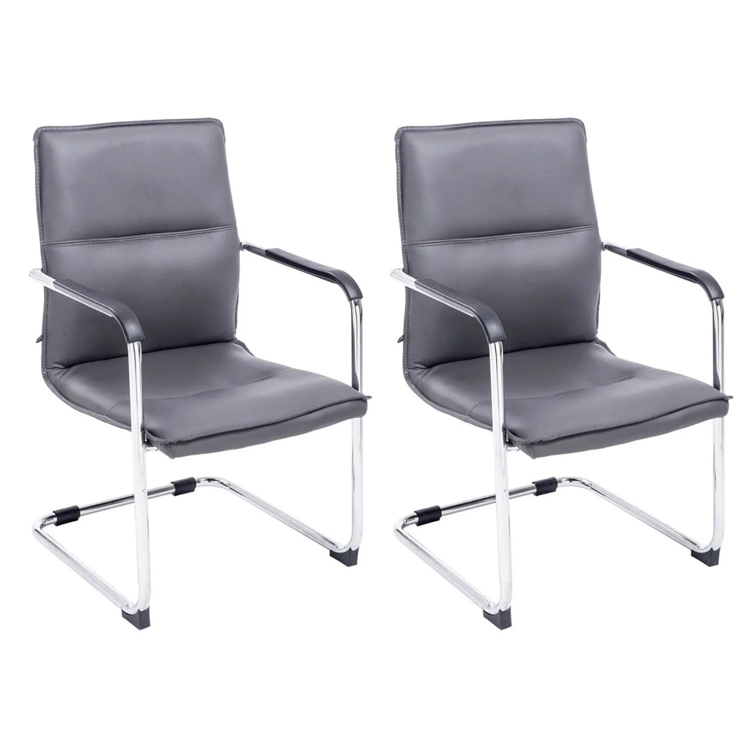 DELUKE 2er Set Besucherstuhl SEATTLE 92x56x60cm Grau Kunstleder Metall In Chromoptik Gestell Konferenzstuhl Wartezimmerstuhl