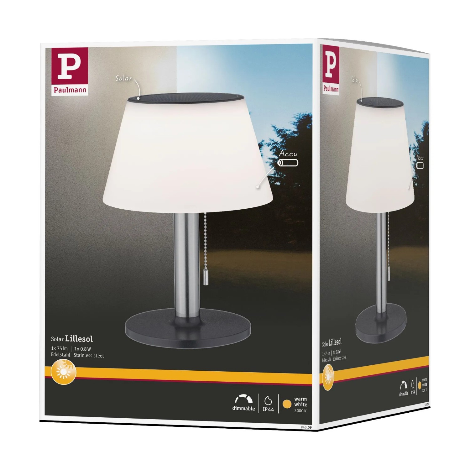 Verpackung der dimmbaren Solar Tischleuchte Lillesol mit Akku und warmweissem Licht.
